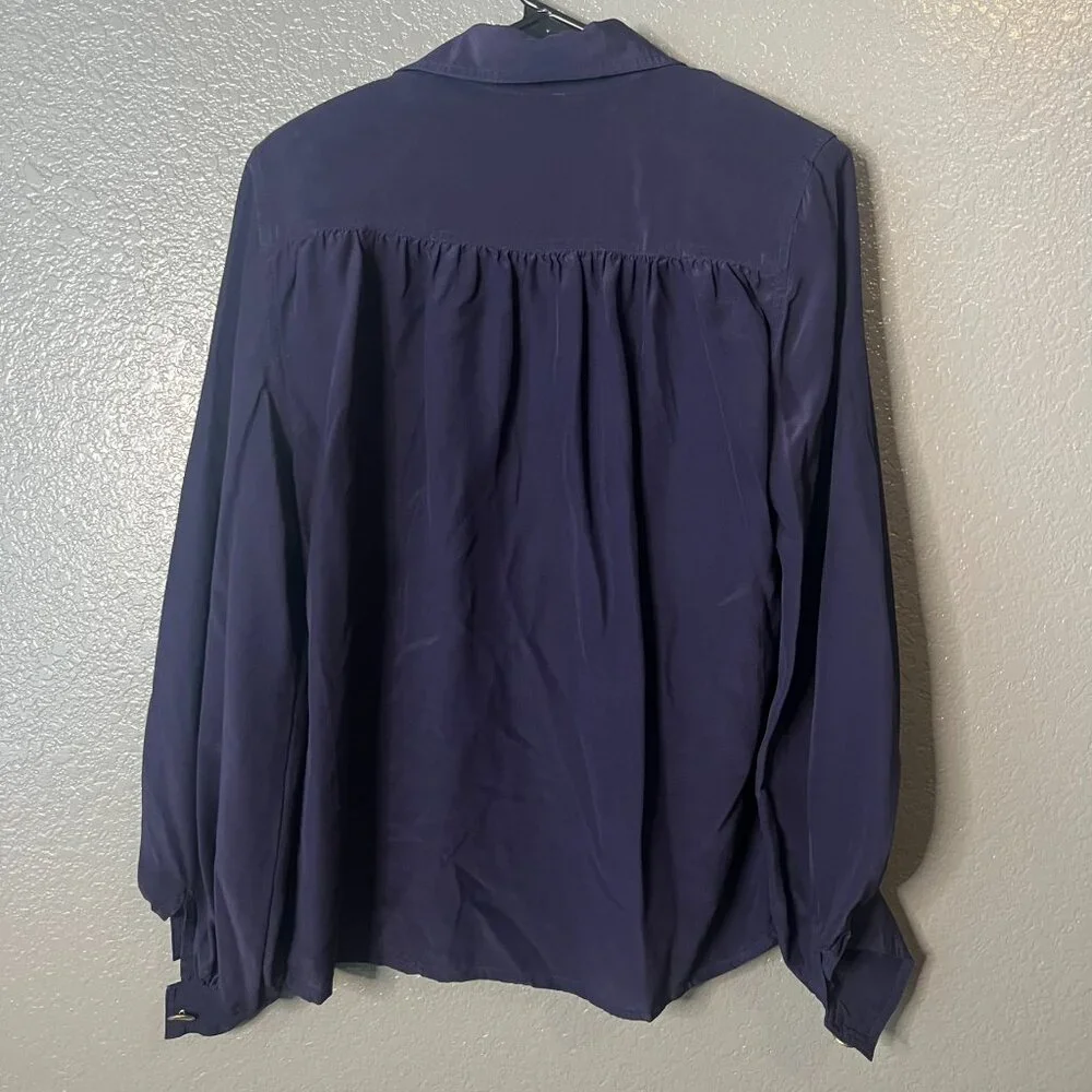 Oleg Cassini Size 8 Navy Blue 100% Silk Padded Shoulder Collared Blouse - Picture 2 of 5